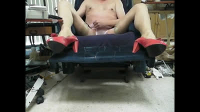 Pink panties, heels, garter, nude rht stockings, and cum.